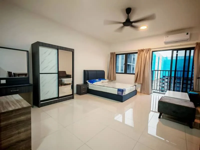 Bedroom features: queen-size bed, upholstered headboard, 2 bedside tables, built-in wardrobe with sliding doors, dressing table with mirror, ceiling fan, wall-mounted split AC, large windows with curtains, tile flooring, neutral wall color, decorative wall art, area rug; style: modern; view: city.