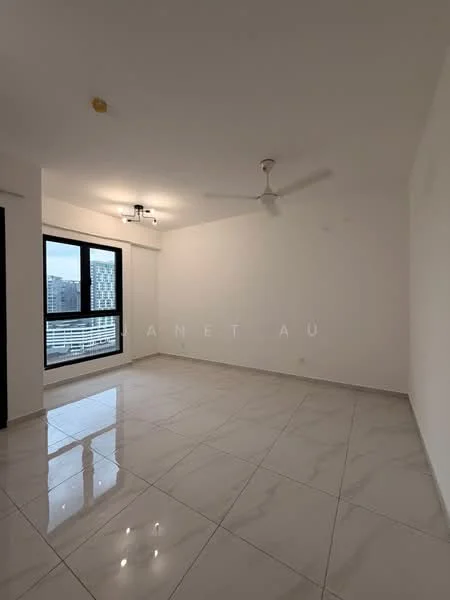 Living features: white painted walls, marble tile flooring, 5-blade ceiling fan, recessed downlights, floor-to-ceiling windows, blackout curtains, city view, open layout; style: modern; view: city.