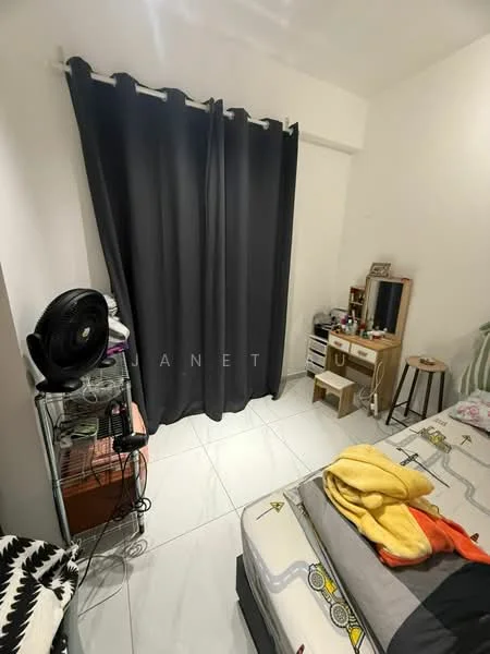 Bedroom features: grey curtains, white walls, tile flooring, queen-size bed, bedside table, dressing table with mirror, fan, storage shelves, decorative items on shelves.