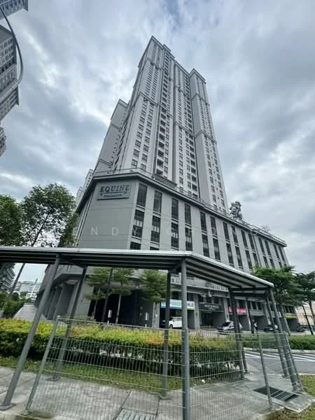 Exterior type: high-rise condominium; features: grey painted facade, glass curtain wall, recessed balconies, approximately 30-storey high-rise, manicured lawn, mature trees, surrounded by greenery, commercial units at ground level; style: modern.