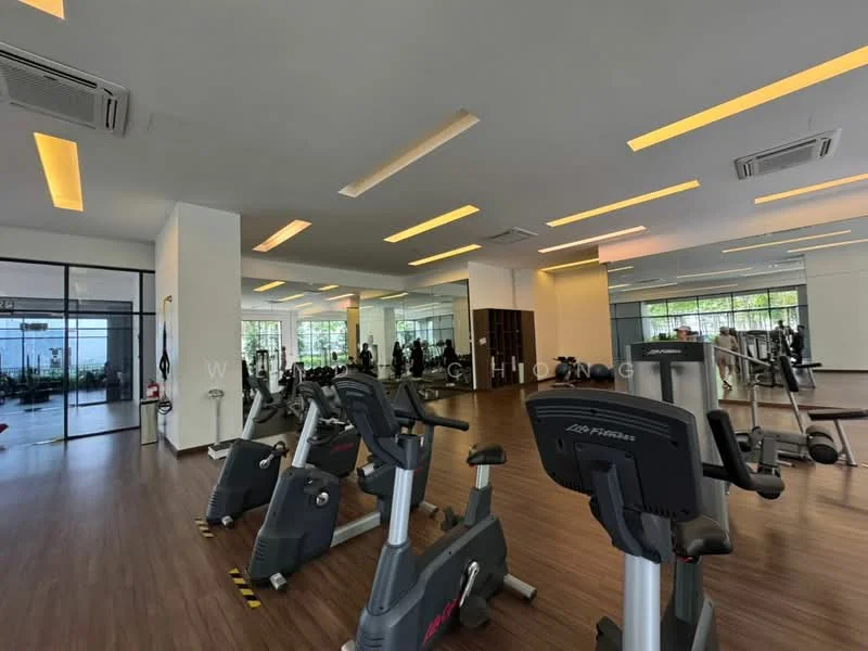 Gym features: cardio machines, exercise bikes, treadmills, mirrored walls, wooden flooring, recessed LED downlights, air conditioning units, large windows, exercise mats, weight training equipment; style: modern; view: garden.
