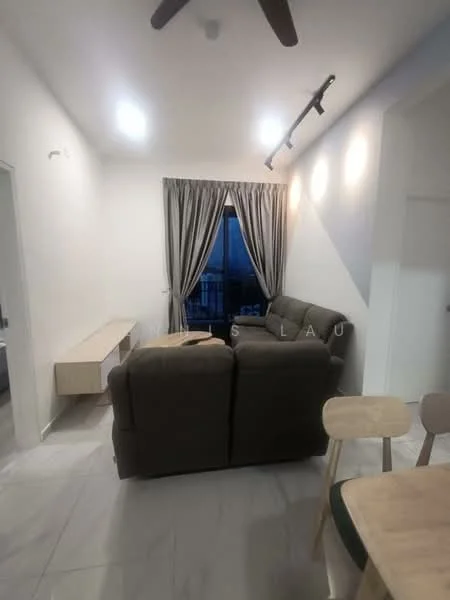 Living features: grey fabric sofa, 2-seater sofa, coffee table, TV console, floor-to-ceiling window, curtains, recessed downlights, ceiling fan, marble tile flooring, white painted walls; style: modern; view: city.