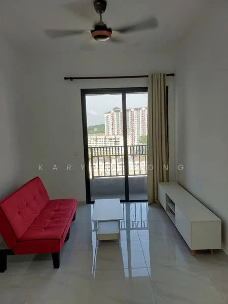 Living features: red fabric sofa bed, white coffee table, white TV console, floor-to-ceiling windows, curtains, ceiling fan with light, glossy white tile flooring, white painted walls; style: modern; view: city.