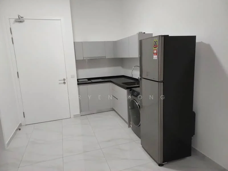 Kitchen features: grey flat-panel cabinets, black granite countertop, stainless-steel fridge, built-in washing machine, single-bowl stainless-steel sink, chrome pull-down faucet, white painted walls, marble tile flooring, recessed downlights; style: modern.