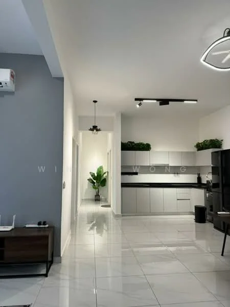 Kitchen features: white cabinetry, black countertop, stainless-steel appliances, built-in oven, refrigerator, ceramic tile flooring, recessed LED downlights, pendant light, greenery in pots, open shelving, single-bowl stainless-steel sink, chrome pull-down faucet; style: modern. Hallway features: white painted walls, ceramic tile flooring, recessed downlights, plant decor; style: modern.