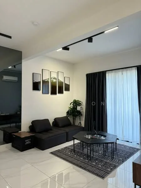 Living features: black fabric sofa, glass coffee table, area rug with geometric pattern, wall-mounted TV, recessed LED downlights, floor-to-ceiling windows, sheer curtains, blackout curtains, decorative wall art, indoor plant, white painted walls, glossy tile flooring, air conditioning unit; style: modern.