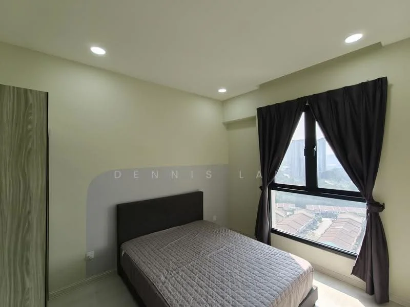 Bedroom features: queen-size bed, upholstered headboard, floor-to-ceiling window, blackout curtains, recessed downlights, light grey painted walls, wooden wardrobe, wall-mounted electrical outlets; style: modern; view: city.