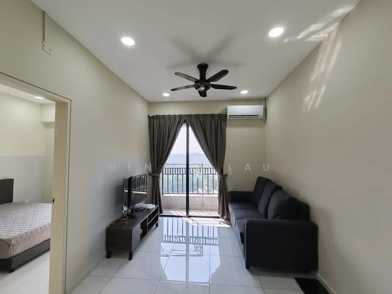 Living features: 3-seater fabric sofa in dark grey, wall-mounted TV, TV console in dark wood, ceiling fan with light, wall-mounted split AC, floor-to-ceiling windows, curtains in grey, white painted walls, glossy white tile flooring; style: modern; view: city.