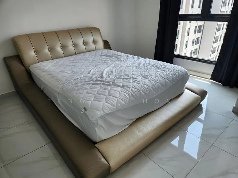 Bedroom features: king-size bed with upholstered headboard, white bedding, marble tile flooring, floor-to-ceiling windows, blackout curtains, neutral wall color, decorative wall, nightstand with lamp; style: modern; view: city.