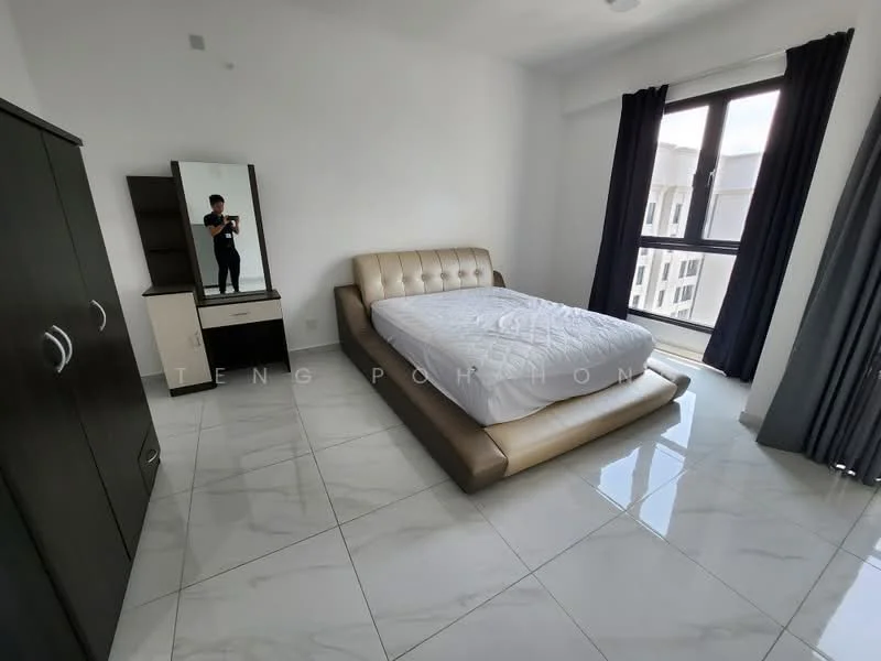 Bedroom features: king-size bed with upholstered headboard, white mattress, floor-to-ceiling window, blackout curtains, light grey walls, white marble tile flooring, mirrored dresser, dark wood wardrobe, ceiling light fixture; style: modern; view: city.
