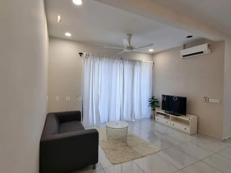 Living features: 3-seater fabric sofa in grey, coffee table, wall-mounted TV, TV console, area rug, floor-to-ceiling windows with sheer curtains, ceiling fan, wall-mounted split AC, white painted walls, glossy tile flooring, recessed downlights; style: modern.