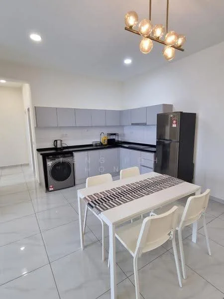Kitchen features: grey cabinetry, black countertop, stainless-steel fridge, built-in washing machine, ceramic tile flooring, recessed downlights, 6-bulb pendant light, white dining table, 4 white dining chairs, kettle, toaster, dishwasher; style: modern.