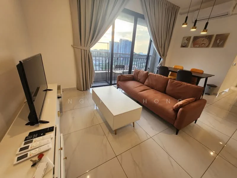 Living features: 3-seater fabric sofa in orange, white coffee table, TV console, wall-mounted TV, floor-to-ceiling windows, curtains, dining table with 4 chairs, marble tile flooring, recessed downlights; style: modern; view: city.