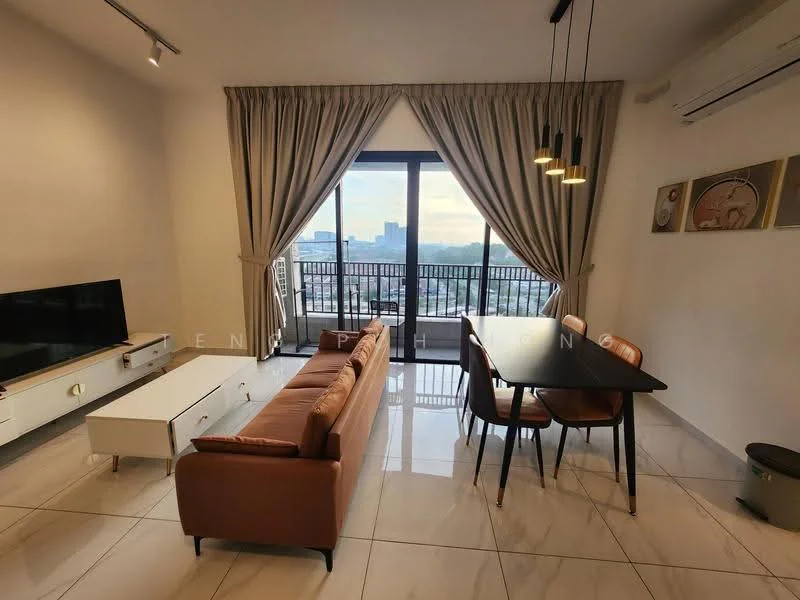 Living features: 3-seater leather sofa in brown, coffee table, TV console, wall-mounted TV, dining table for 4 with black surface, 4 upholstered dining chairs, floor-to-ceiling windows, sheer curtains, recessed downlights, marble tile flooring, air conditioning unit; style: modern; view: city.