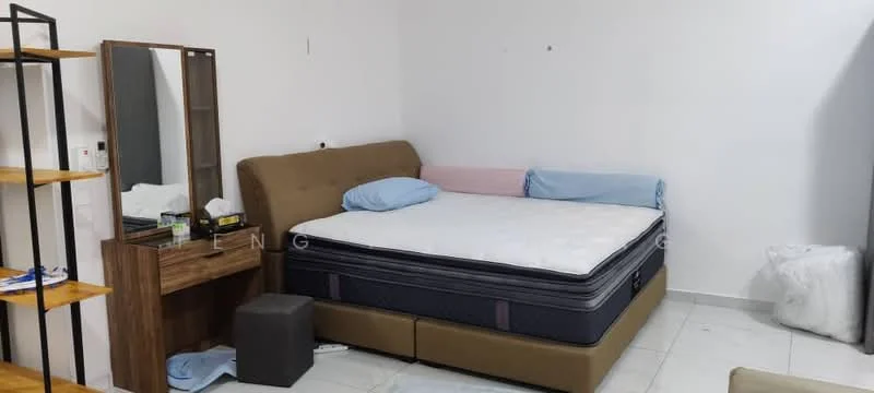 Bedroom features: queen-size bed with upholstered headboard, mattress on bed frame, light blue bed linens, pink bed linens, wooden bedside table, mirror with wooden frame, open shelving unit, white tiled flooring, white painted walls, decorative throw pillows, black stool; style: minimalist.
