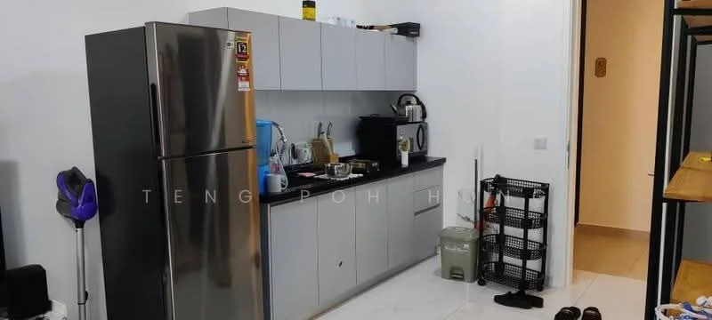 Kitchen features: grey cabinetry, stainless-steel fridge, built-in oven, freestanding range oven, ceramic tile flooring, white walls, countertop, kitchen sink, kettle, microwave, open shelving, trash bin, dish rack; style: modern.