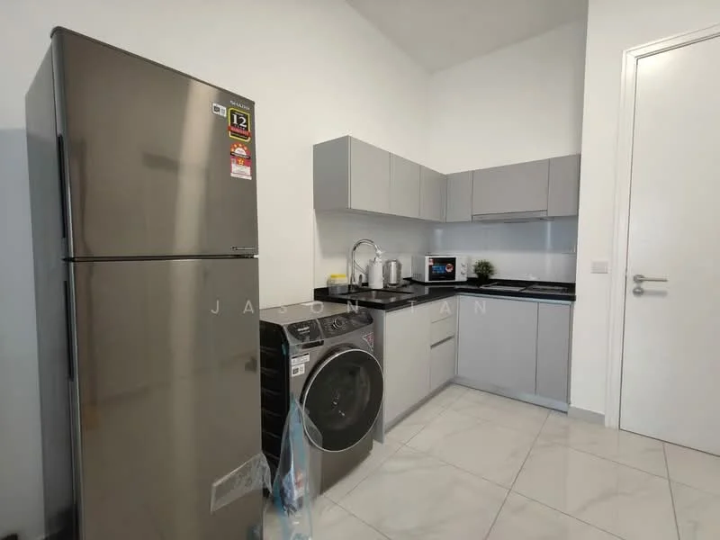 Kitchen features: stainless-steel fridge, front-load washing machine, grey flat-panel cabinets, black countertop, single-bowl stainless-steel sink, chrome pull-down faucet, ceramic tile flooring, white walls, recessed downlights; style: modern.