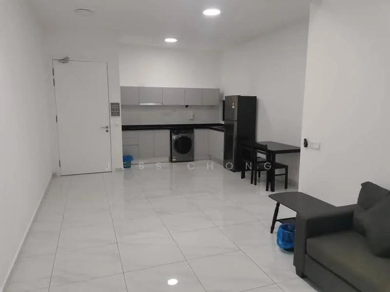 Kitchen features: white painted walls, glossy tile flooring, grey cabinetry, black countertop, stainless-steel fridge, built-in washing machine, single-bowl stainless-steel sink, chrome pull-down faucet, 4-burner gas hob, exhaust hood, recessed downlights; style: modern. Living features: grey fabric sofa, black dining table, 2 black dining chairs, open layout, recessed downlights; style: modern.