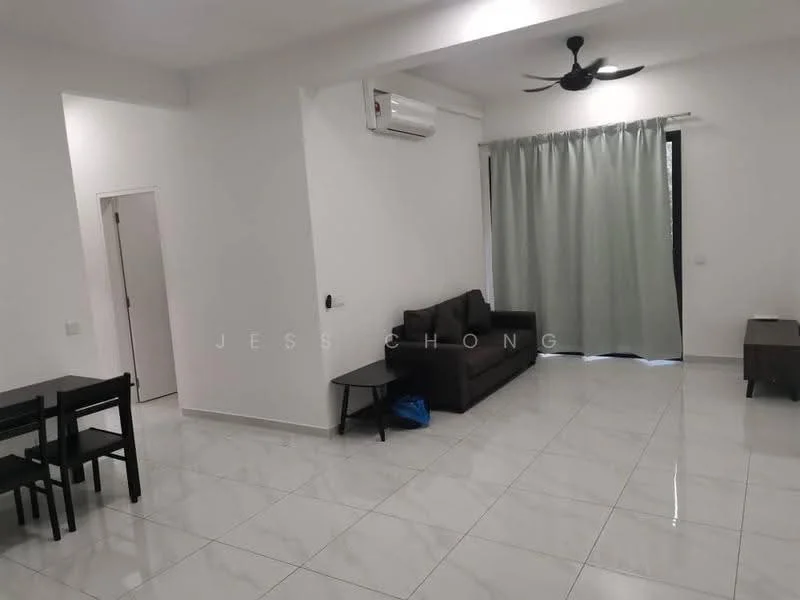 Living features: white painted walls, glossy ceramic tile flooring, 5-blade ceiling fan with light, floor-to-ceiling window with sheer curtains, dark fabric sofa, small side table, air conditioning unit, dining table with chairs; style: modern.
