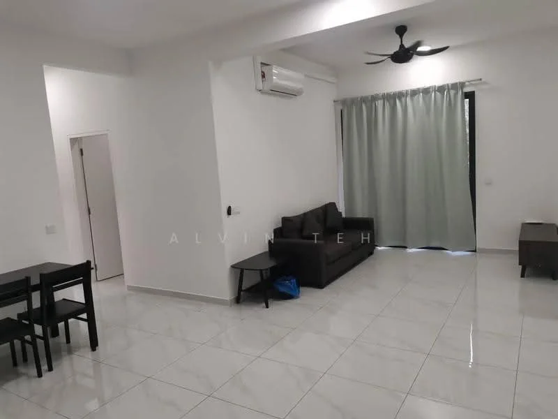 Living features: white painted walls, glossy ceramic tile flooring, 5-blade ceiling fan with light, floor-to-ceiling windows with sheer curtains, dark fabric sofa, small side table, air conditioning unit, decorative wall, light-colored curtain, open layout; style: modern. Dining features: 4-seater dining table, black dining chairs; style: modern.