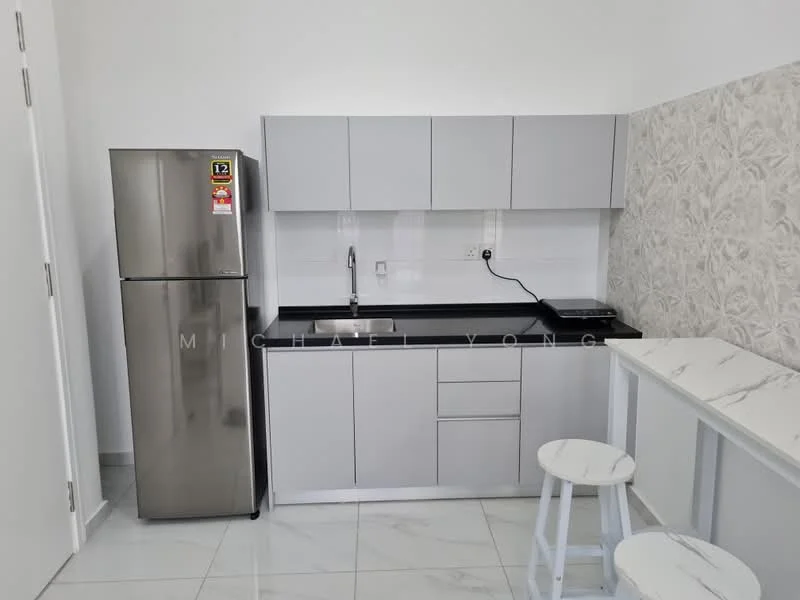 Kitchen features: grey cabinetry, black granite countertop, stainless-steel fridge, single-bowl stainless-steel sink, chrome pull-down faucet, white tiled backsplash with floral pattern, white marble tile flooring, two white stools, built-in oven, electric cooktop; style: modern.