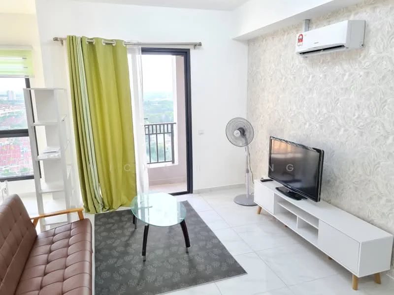 Living features: brown leather sofa, glass coffee table, white TV console, wall-mounted TV, floor-to-ceiling window, green curtains, white walls with floral wallpaper, ceiling-mounted air conditioning unit, standing fan, tile flooring; style: modern; view: city.