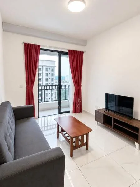 Living features: grey fabric sofa, wood coffee table, wall-mounted TV, TV console in wood, floor-to-ceiling sliding glass door, red curtains, white painted walls, glossy white tile flooring, ceiling light fixture; style: modern; view: city.
