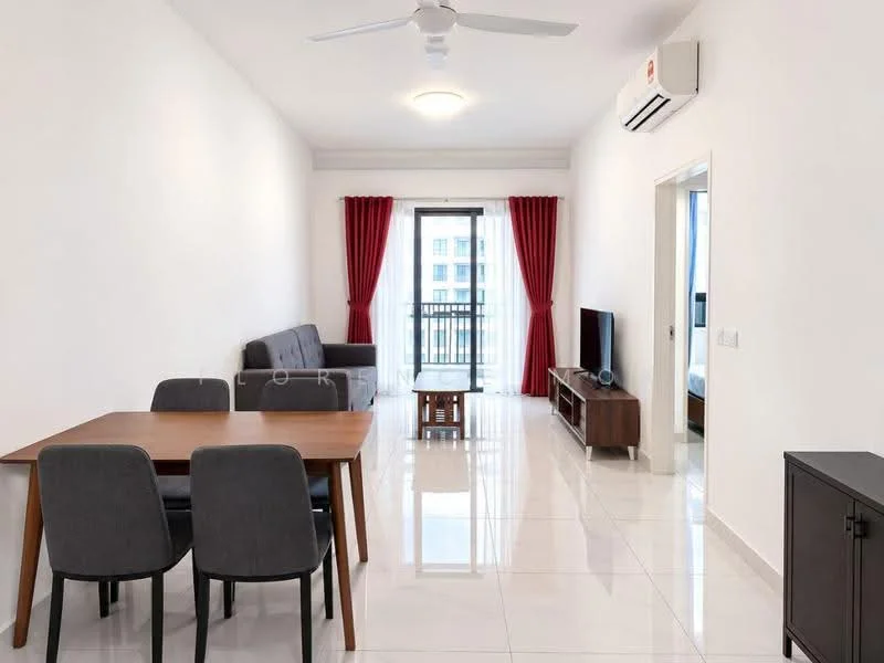 Living features: grey fabric sofa, 3-seater sofa, wooden coffee table, TV console, wall-mounted TV, floor-to-ceiling windows, sliding glass door, red curtains, ceiling fan with light, white painted walls, glossy tile flooring, air conditioning unit; style: modern; view: city. Dining features: wooden dining table, 4 dining chairs, grey upholstered chairs; style: modern.