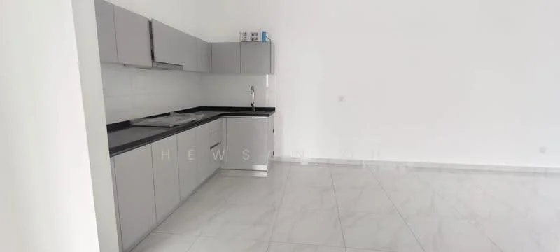 Kitchen features: grey cabinetry, black countertop, stainless-steel sink, single-bowl sink, built-in stove, wall-mounted cabinets, white tiled backsplash, marble tile flooring, recessed lighting; style: modern.