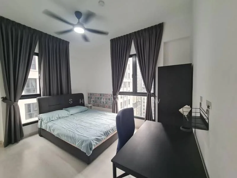 Bedroom features: king-size bed with light blue bedding, upholstered headboard, 2 bedside lamps, study desk with chair, floor-to-ceiling windows, blackout curtains, ceiling fan with light, decorative wall with patterned tiles, light-colored flooring, built-in wardrobe; style: modern; view: city.