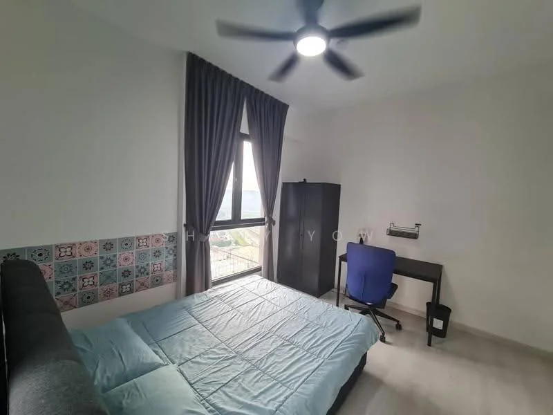 Bedroom features: queen-size bed with blue bedding, floor-to-ceiling window, grey curtains, ceiling fan with light, desk with chair, black wardrobe, decorative wall tiles with patterned design, light-colored walls, laminate flooring; style: modern; view: city.