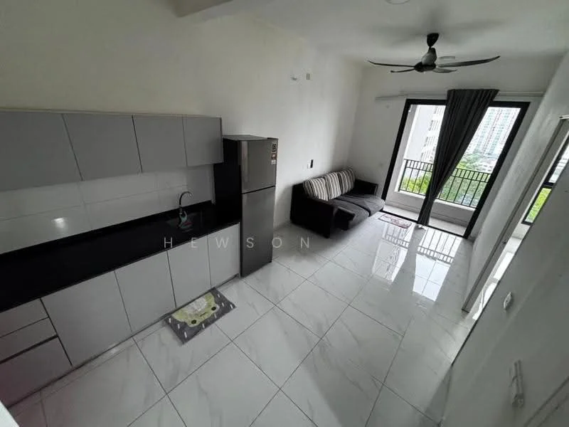 Kitchen features: grey flat-panel cabinets, black countertop, stainless-steel fridge, single-bowl stainless-steel sink, chrome pull-down faucet, white tiled backsplash, white walls, white marble tile flooring, recessed downlights, 5-blade ceiling fan, floor-to-ceiling windows, sliding glass door, balcony view; style: modern; view: city. Living features: fabric sofa in grey, white walls, white marble tile flooring, recessed downlights, 5-blade ceiling fan, floor-to-ceiling windows, sliding glass door, balcony view; style: modern; view: city.
