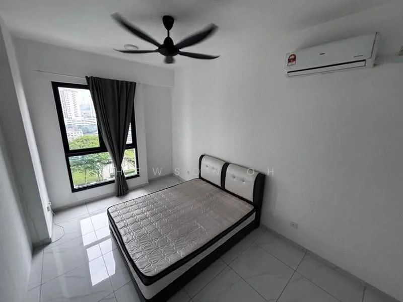 Bedroom features: queen-size bed, white painted walls, grey curtains, floor-to-ceiling window, white ceiling, 5-blade ceiling fan, wall-mounted split AC, glossy tile flooring; style: modern; view: city.