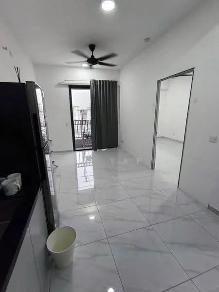 Room features: white painted walls, marble tile flooring, 5-blade ceiling fan, floor-to-ceiling windows, sliding glass door, curtains, open shelving, kitchen cabinetry, refrigerator, waste bin; style: modern; view: city.