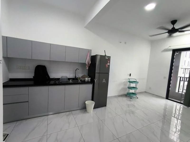 Kitchen features: grey flat-panel cabinets, black countertop, stainless-steel fridge, single-bowl stainless-steel sink, chrome pull-down faucet, ceramic tile flooring, white painted walls, ceiling fan, recessed LED downlights, sliding glass door, open shelving, kitchen island, wall-mounted storage rack; style: modern.