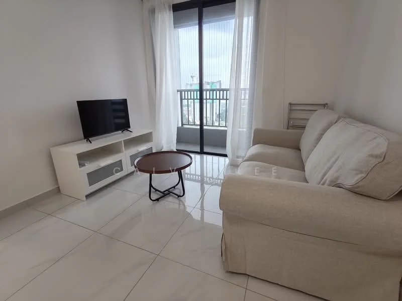 Living features: light grey fabric sofa, round coffee table with wooden top, white TV console with glass doors, floor-to-ceiling windows, sheer white curtains, glossy white tile flooring, neutral painted walls, city view from window; style: modern; view: city.