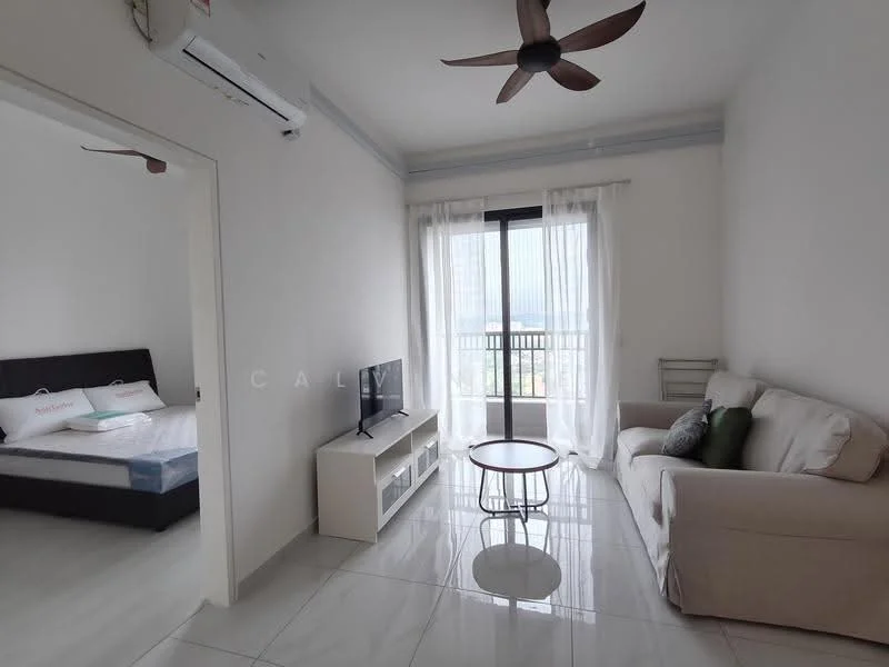 Living features: white painted walls, glossy ceramic tile flooring, 5-blade ceiling fan, floor-to-ceiling window, sheer curtains, light-colored fabric sofa, coffee table, wall-mounted TV, TV console; style: modern; view: city. Bedroom features: black upholstered bed frame, white bedding, window with sheer curtains.