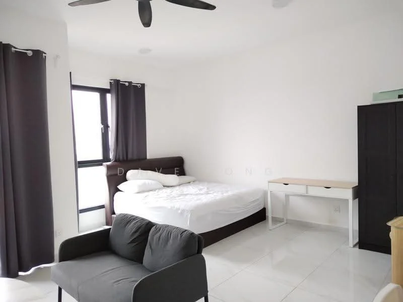 Bedroom features: queen-size bed with white bedding, dark wood headboard, 2 bedside pillows, grey fabric sofa, white desk with wooden legs, black wardrobe, floor-to-ceiling window, blackout curtains, white painted walls, glossy white tile flooring, ceiling fan; style: modern.