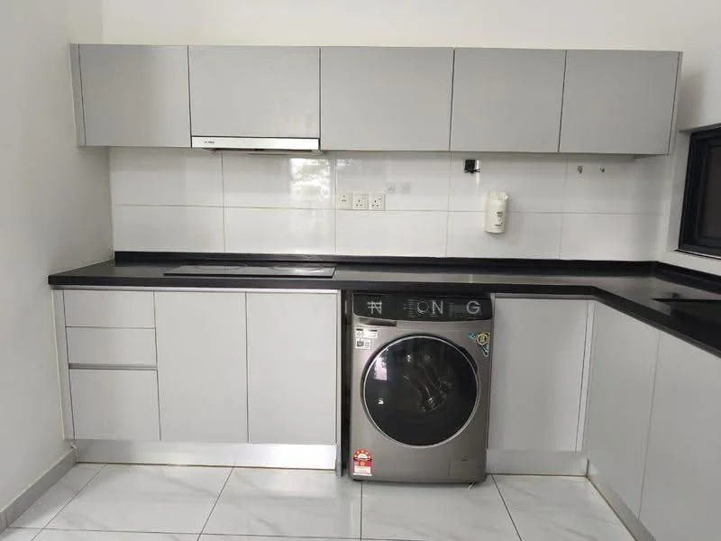 Kitchen features: grey flat-panel cabinets, black countertop, stainless-steel single-bowl sink, built-in oven, built-in range hood, front-load washing machine, white tiled walls, marble tile flooring; style: modern.
