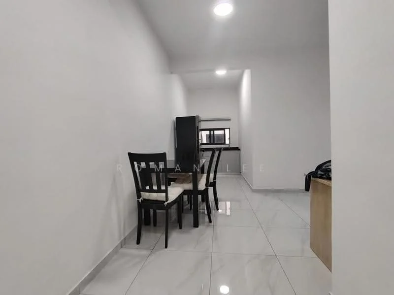 Dining features: white painted walls, glossy ceramic tile flooring, 4-seater dining table, black wooden dining chairs, refrigerator, window with view, ceiling lights; style: modern. Room features: white painted walls, glossy ceramic tile flooring, ceiling lights.