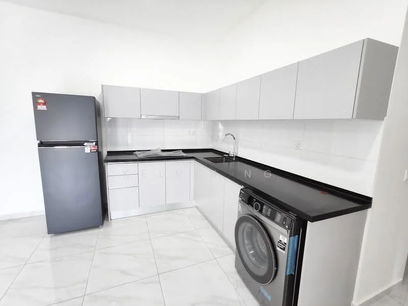 Kitchen features: grey flat-panel cabinets, black granite countertop, stainless-steel single-bowl sink, chrome pull-down faucet, built-in oven, freestanding refrigerator in grey, front-load washing machine, ceramic tile flooring in white, white tiled backsplash, recessed downlights, wall-mounted cabinets, open shelving; style: modern.