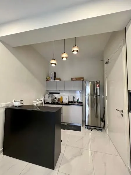 Kitchen features: black kitchen island, white cabinetry, stainless-steel fridge, built-in oven, 4-burner gas hob, white countertop, marble tile flooring, pendant lighting, sink, wall-mounted cabinets; style: modern.