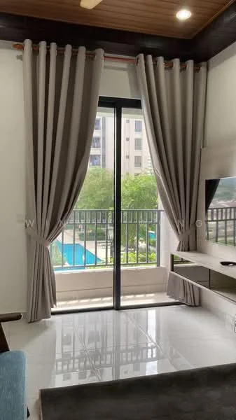 Living features: grey curtains, floor-to-ceiling sliding glass door, white walls, polished tile flooring, wooden ceiling with recessed lighting, wall-mounted TV, floating TV console, balcony view of pool, decorative wall paneling, area rug; style: modern; view: pool.