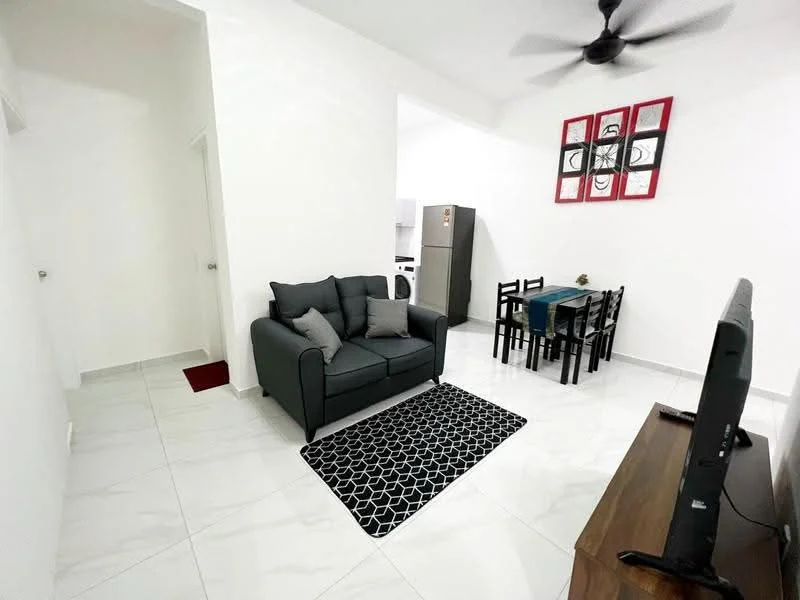 Living features: 3-seater fabric sofa in dark grey, 2 decorative cushions, black and white area rug, wall-mounted TV, wooden TV console, ceiling fan, white painted walls, marble tile flooring, recessed lighting; style: modern. Dining features: 4-seater dining table, black dining chairs, blue tablecloth, white painted walls, marble tile flooring; style: modern.