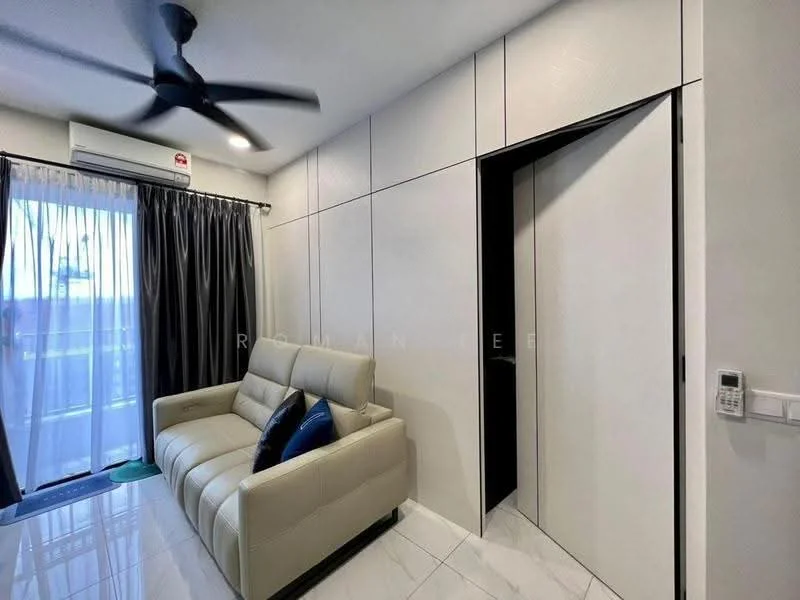 Living features: 3-seater leather sofa in light beige, floor-to-ceiling windows, blackout curtains, white painted walls, glossy white tile flooring, ceiling fan with light, wall-mounted air conditioning unit, sliding glass door, decorative throw pillows; style: modern; view: city.