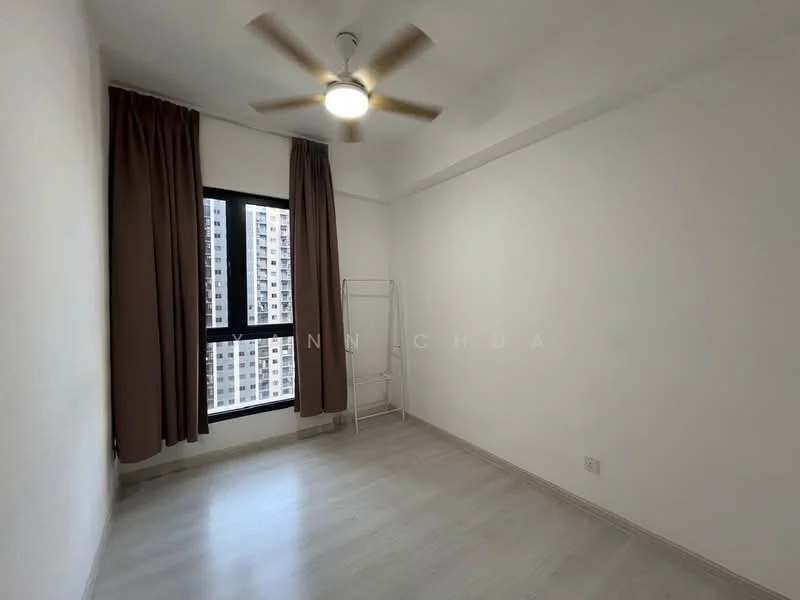 Bedroom features: light wood laminate flooring, white painted walls, 5-blade ceiling fan with light, floor-to-ceiling window, brown curtains, metal clothes rack, city view; style: modern; view: city.