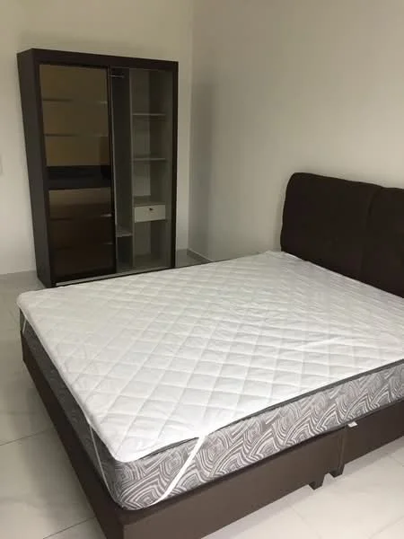 Bedroom features: queen-size bed, upholstered headboard, mattress with protective cover, built-in wardrobe with sliding doors, shelves inside wardrobe, white walls, tile flooring; style: modern.