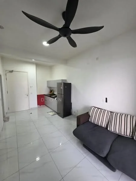 Living features: grey fabric sofa, striped throw pillows, ceiling fan with 5 blades, white painted walls, marble tile flooring, recessed LED downlights, kitchenette with red cabinetry, stainless-steel fridge, kitchen countertop, open layout; style: modern.