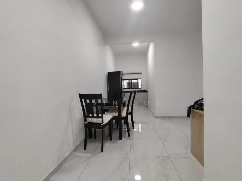 Room features: white painted walls, glossy ceramic tile flooring, recessed downlights, window with view to the outside, black dining chairs, small dining table, black fridge, wooden cabinetry, open layout; style: modern.