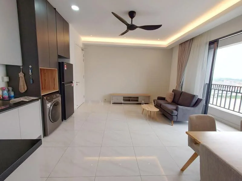 Living features: white painted walls, marble tile flooring, 5-blade ceiling fan with light, sofa in grey fabric, wooden coffee table, TV console, floor-to-ceiling windows, curtains, washing machine, refrigerator, kitchen cabinetry; style: modern; view: city.